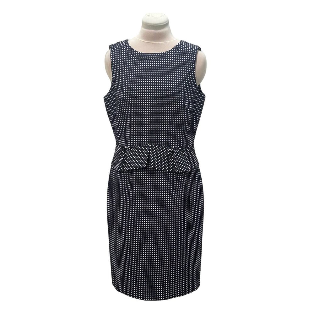 TAHARI ASL Navy White Polka Dot Peplum Sheath Dress Sz 10 Office Business Career